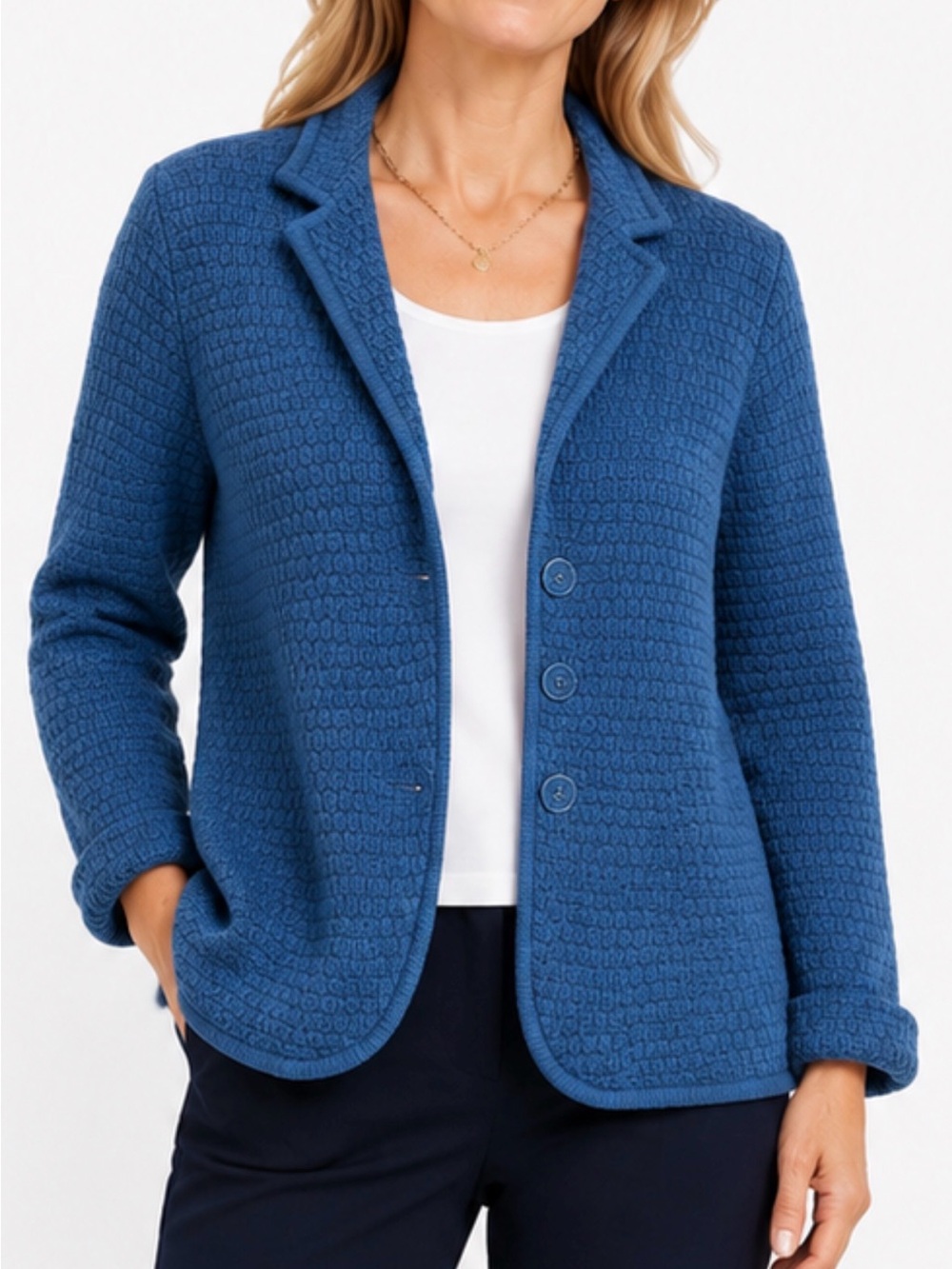 Talbots 100% Merino Wool Textured Knit Blazer Cardigan Blue Large Petite